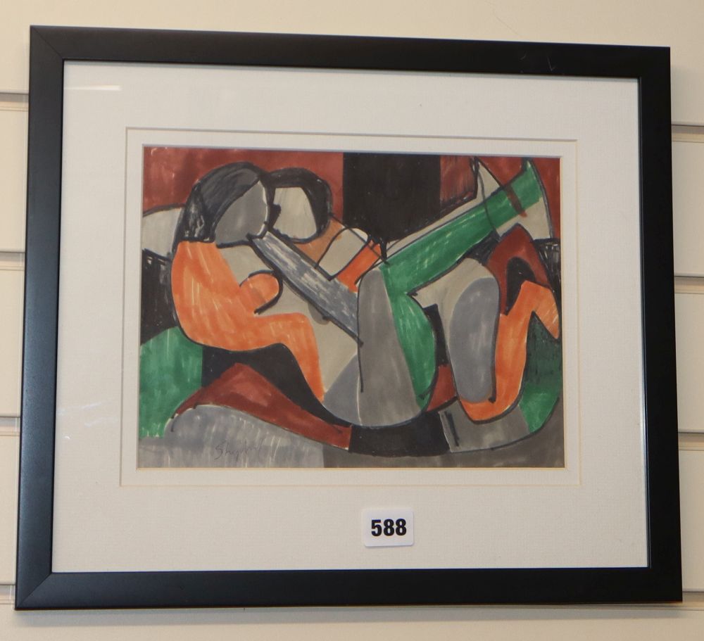 Sydney Horne Shepherd, ink and watercolour, Cubist embracing couple, signed, 20 x 27cm